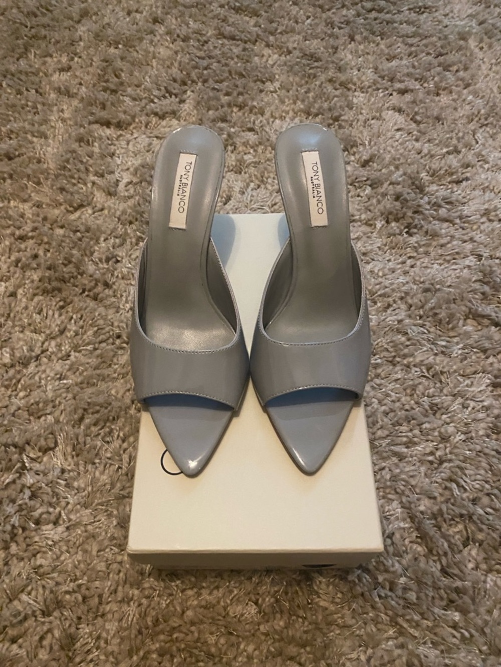 Tony Bianco “Makenzie” Grey Patent Pointed Toe Slide Mules - Picture 3 of 8